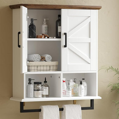 Farmhouse Bathroom Wall Cabinet with Adjustable Shelves & Towel Racks, White Wall Mounted Medicine Cabinet, Over The Toilet Storage Cabinet for Bathroom, Kitchen, Laundry Room