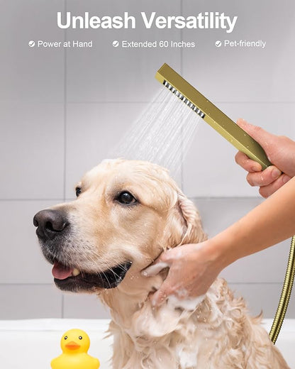 Thermostatic Shower System, Dual Rainfall Shower Heads for Ceilling & Wall Mounted with Handheld Sprayer, Brushed Gold