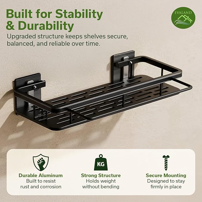 Shower Caddy Adhesive 2Pack with Hooks and Rod for Towels Black-Premium Bathroom Shower Shelves Shampoo Organizer Rack Storage Bathtub Shelf Rustproof Easy Installation Sturdy Build Sleek Modern Look
