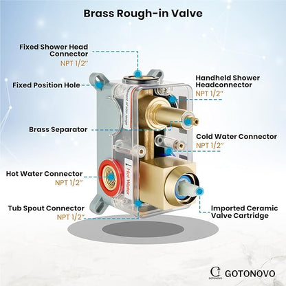gotonovo Shower System with Tub Spout Wall Mounted Rain Shower Head and Handle Combo Shower Faucet Set with Valve, 12 Inch, Brushed Gold