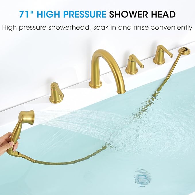 Roman Tub Faucet Set with Hand Shower, KRUZOO Bathtub Faucet Set Trim Kit with Rough-in Valve, Deck Mount Widespread 5 Hole Brass Tub Filler, KZ-9609BG, Brushed Gold