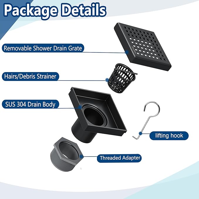 Neodrain 4 Inch Square Shower Drain with Removable Quadrato Pattern Grate, Matte Black 304 Stainless Steel Square Drain, with Watermark&CUPC Certified, Hair Strainer