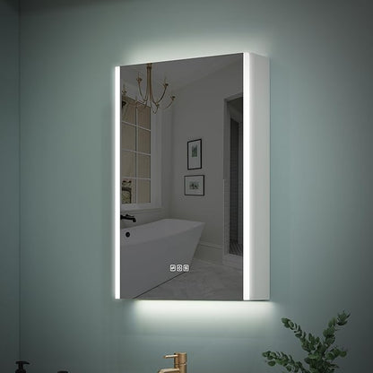 WELLFOR 20" x 30" LED Mirrored Bathroom Cabinet, Mirror Medicine Cabinet with Lights, Defogging LED Mirror Cabinet with Outlets & USB Ports, Surface Mounted, Right Opening Door, Hardwired Connected