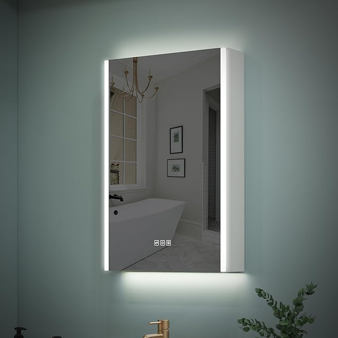 WELLFOR 20" x 30" LED Mirrored Bathroom Cabinet, Mirror Medicine Cabinet with Lights, Defogging LED Mirror Cabinet with Outlets & USB Ports, Surface Mounted, Left Opening Door, Hardwired Connected