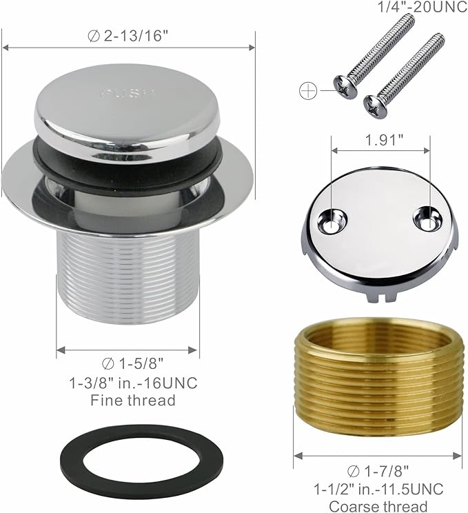Chrome Bathtub Drain Tip-Toe Two-Hole,Welsan Tub Drain Trim Set Conversion Kit Assembly, Coarse Thread Replacement Trim Kit with 2-Hole Overflow Faceplate Includes an Adapter, Chrome Plated
