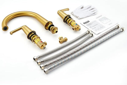 High Flow Roman Tub Faucet with Valve, Widespread Solid Brass 3 Hole Bathtub Faucet, 2 Handle Deck Mount Bath Tub Filler with Supply Water Hoses, Brushed Gold