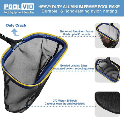Poolvio 5-in-1 Pool Cleaning Kit - Includes Semi-Deep Skimmer Net, Aluminum Leaf Rake, 20' Pool Brush with 13ft Adjustable Pole