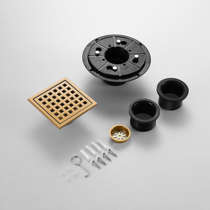 Shower Drain, Brushed Gold 4 inch Shower Floor Square Drain with Flange, Removeable Grid Panel SUS 304 Stainless Steel Square Shower Drain