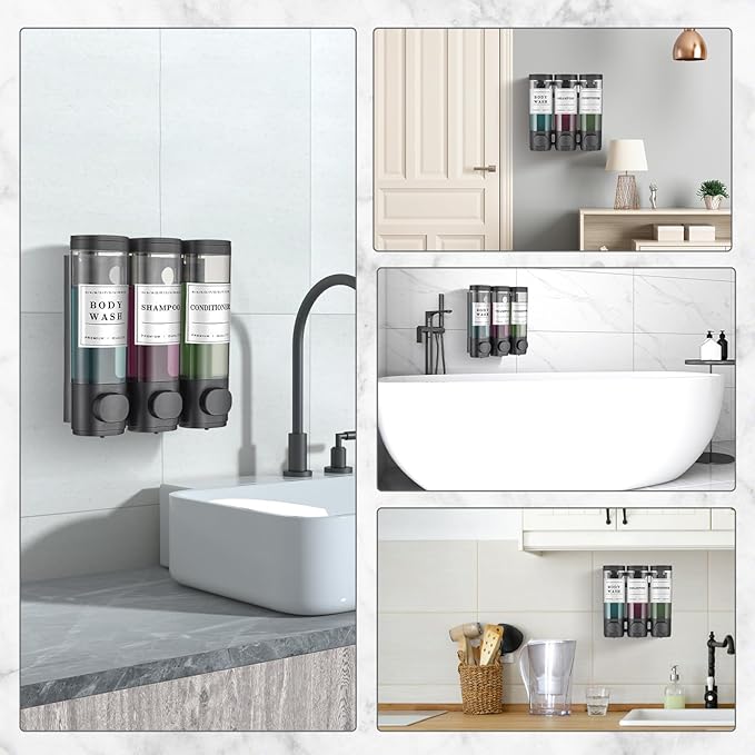 Shower Soap Dispenser Wall Mounted No Drill Shampoo Dispenser for Shower Wall Shampoo and Conditioner Dispenser Bathroom Hotel 3 * 300ml Black with Waterproof Labels
