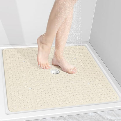 OTHWAY Square Shower Mat, 27"x 27" Extra Large Shower Mats for Inside Shower, TPE Anti Slip Shower mat with Suction Cups Drain Holes, Machine Washable Shower Floor Mat (Beige)