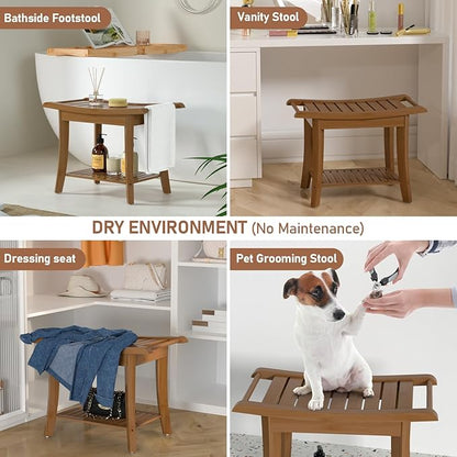 Bamboo Shower Stool Bench Waterproof with Storage Shelf for Shaving Legs or Spa Bath Seat in Bathroom & Inside Shower for Adults Seniors Elderly (24 x 13.4 x 18.5 inches+Walnut)