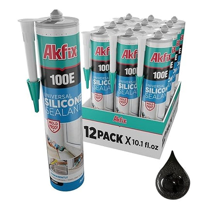 Akfix 100E RTV Black Silicone Caulk (12x10.1 fl.oz.) - 100% Waterproof Silicone Sealant for Kitchen and Bathroom, Shower, Toilet, Sink, Window and Door, UV Resistant, Flexible | Black, 12 Pack