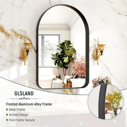 GLSLAND 24”x36“ Black Arched Bathroom Mirror - Aluminum Alloy Framed Wall- Matted Wall Mirrors for Bedroom, Entryway Mirrors for Wall