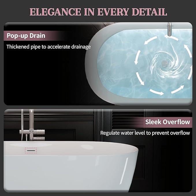 ABRUZZO 55" Acrylic Freestanding Bathtub - Oval Deep Soak Tub, Center Drain & Overflow, cUPC Certified Glossy White
