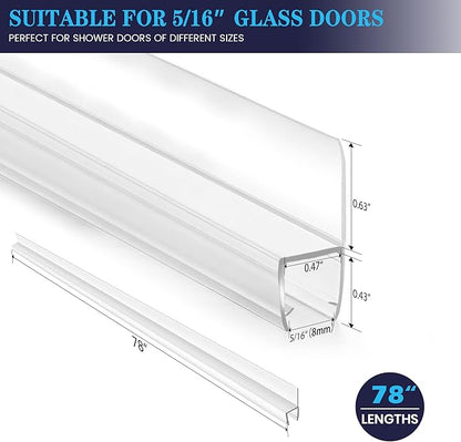 Bathroom Shower Door Seal Strip, 2PCS 78 Inch Shower Door Side Seal Strips, PVC Transparent Shower Door Seal Strip for 5/16"(8MM) Frameless Shower Door