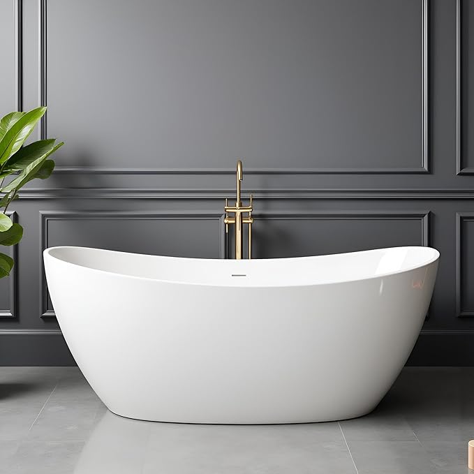 65" Acrylic Freestanding Bathtubs, Stand Alone Tub, Soaking Tubs for Bathroom, Integrated Overflow and Drain, cUPC Certified, Gloss White