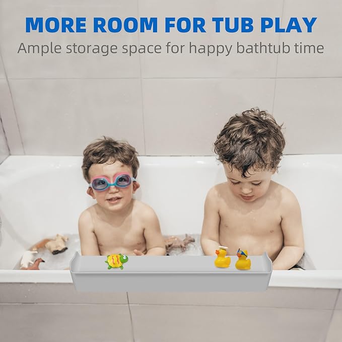 Splash Guard for Bathtub, 3.8" x 3.6" Silicone Bath Tub Splash Guard with 6 Suction Cups, Bathtub SplashGuard Play Shelf Area for Kids with 3°Drainage Slope for Faster Drying - Grey