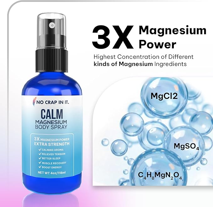 No Crap In It Calm Magnesium Spray Triple Magnesium Power: All Natural Magnesium Chloride, Glycinate, Sulfate-4oz