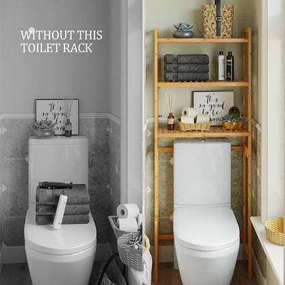 AMBIRD Over The Toilet Storage, 3-Tier Bathroom Organizer Over Toilet with Sturdy Bamboo Shelves,Multifunctional Toilet Shelf,Easy to Assemble and Saver Space, 25 * 10 * 64 Inches (Original Color)