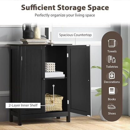 Tangkula Freestanding Storage Cabinet with Double Doors and Shelf, Modern Home Furniture, Wooden Home Organizer for Living Room, Bathroom Storage Cabinet (Black)