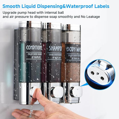 Shampoo and Conditioner Dispenser,GlintGath Shower Dispenser 3 Chamber No Drill Shampoo Dispenser for Shower Wall Mounted Shower Soap Dispenser for Bathroom Hotel,3 * 300ML,Chrome