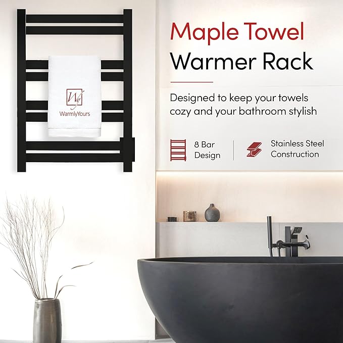 WarmlyYours Heated Towel Warmer Rack, 8-Bar, Hardwired, Integrated On/Off Switch with Light, 304-Stainless Steel (Maple)