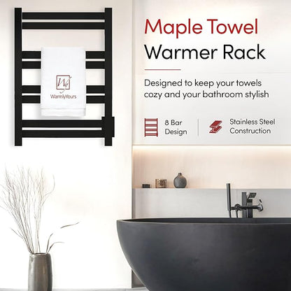 WarmlyYours Heated Towel Warmer Rack, 8-Bar, Hardwired, Integrated On/Off Switch with Light, 304-Stainless Steel (Maple)