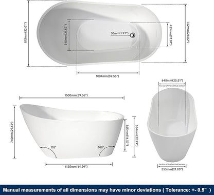 59" High-back Acrylic Freestanding Bathtubs, Stand Alone Tub, Soaking Tubs for Bathroom, Integrated Overflow and Drain, cUPC Certified, Gloss White