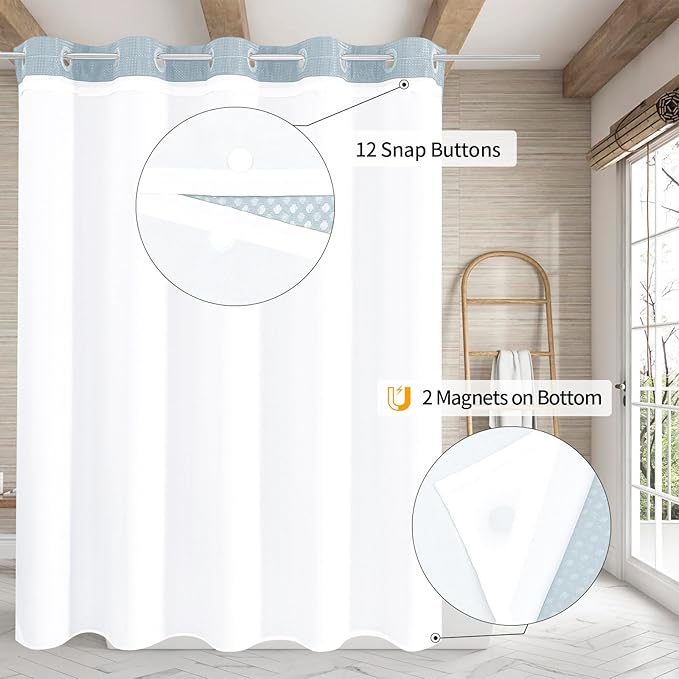 MitoVilla No Hooks Needed Extra Long Shower Curtain Liner Set, Blue 86 inch XL Heavyweight Waffle Fabric Cloth Shower Curtains Set with Snap-in Liner for Modern Luxury Hotel & Spa Bathroom Decor