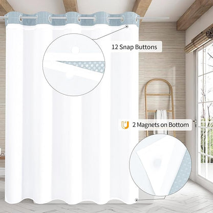 MitoVilla Blue Long Shower Curtain Liner Set 72 x 80, No Hooks Needed 80 inch Long Heavyweight Waffle Fabric Shower Curtain Set with Snap-in Liner for Hotel Grade Spa-Like Bathroom Decor, Fog Blue