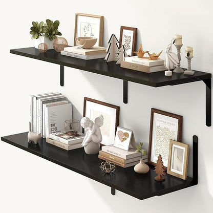 Fun Memories Floating Shelves for Wall, 12 Inch Deep Floating Shelves Set of 2, Wall Mounted Shelf with Metal Brackets, Rustic Wood Wide Shelf for Bathroom, Kitchen and Living Room, Black, 48W x 12D