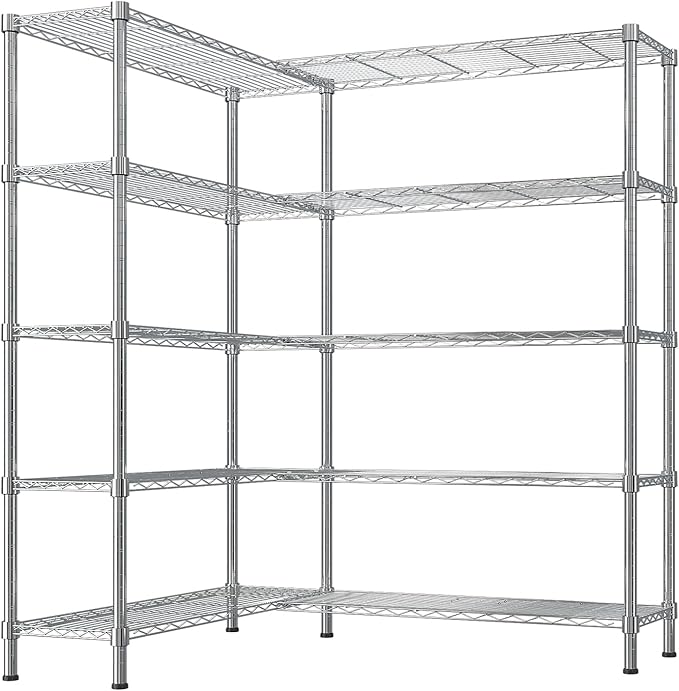 5 Tier Storage Racks Shelving, Heavy Steel Pantry Shelves, Adjustable Wire Shelving Rack, Suitable for Garage, Kitchens, Offices, 58" W x 14" D x 71" H, Chrome