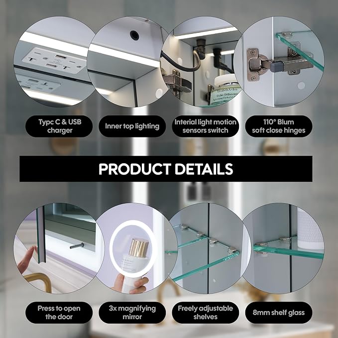 WELLFOR 24 x 32 Inch LED Medicine Cabinet with Lights, 3X Magnification Makeup Mirror, Bathroom Vanity Mirror Cabinet with Storage, Anti Fog, Surface or Recess Mount, Left Opening Door