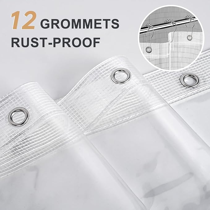 AmazerBath Heavy Duty Shower Curtain Liner 12 Gauge, 72 x 65 Inches Clear Shower Curtain Liner with 3 Clear Stones and 12 Grommet Holes, Weighted Plastic Shower Liner