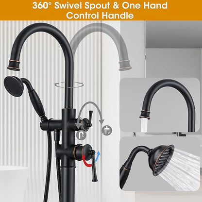 Freestanding Tub Faucet, Floor Mount Tub Faucet Oil Rubbed Bronze High Flow Tub Filler, Roman Tub Faucet with Antique Handheld, Swivel Gooseneck Spout Shower Mixer Taps (B2311-ORB)