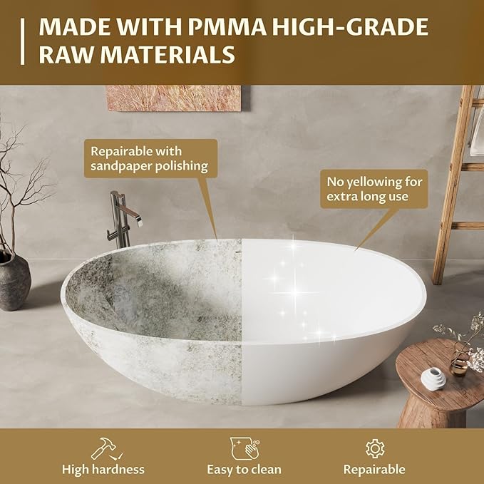 GarveeLife Freestanding Solid Surface Bathtub 65 Inch – Matte White Stone Stand Alone Soaking Tub with Ergonomic Curves, Deep Modern Bathtub for Luxury Main Bathroom