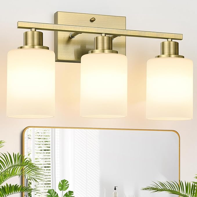 3-Light Bathroom Light Fixtures, Aged Brass Vanity Light with Milky White Shades, Bathroom Lighting Fixtures Over Mirror, Modern Bathroom Wall Lamp for Mirror Living Room Cabinet Bedroom