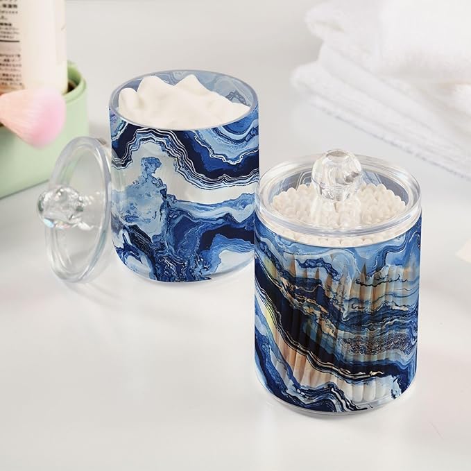 MNSRUU 4 Pack Qtip Holder Organizer Dispenser Blue Marbling Bathroom Containers Bathroom Vanity Storage Canister Apothecary Jars for Cotton Swabs/Pads/Floss