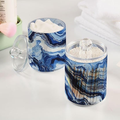 MNSRUU 4 Pack Qtip Holder Organizer Dispenser Blue Marbling Bathroom Containers Bathroom Vanity Storage Canister Apothecary Jars for Cotton Swabs/Pads/Floss