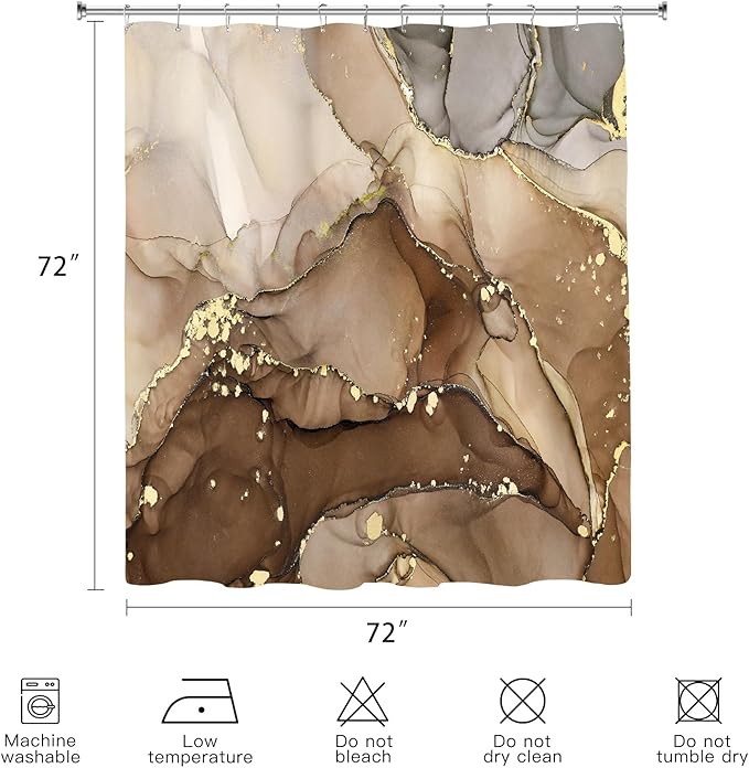 Brown Marble Shower Curtain, Modern Abstract Fabric Shower Curtains for Bathroom, Luxury Art Ink Texture Watercolor Shower Curtain Set with Hooks 72x72