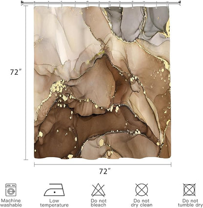 Brown Marble Shower Curtain, Modern Abstract Fabric Shower Curtains for Bathroom, Luxury Art Ink Texture Watercolor Shower Curtain Set with Hooks 72x72
