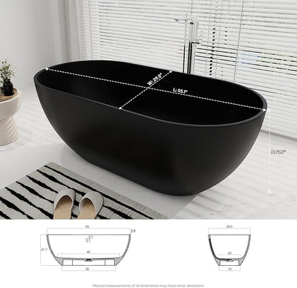 SJ STAR&JANE 59" Solid Surface Freestanding Bathtub Oval Stone Resin Soaking Tub Modern Stand Alone Tub with Overflow & Pop-up Drain, Matte Black for Bathrooms