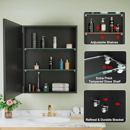 Buruis 24" x 30" Framed Medicine Cabinet with Mirror, Recessed or Wall Mounted Bathroom Cabinet, Adjustable Tempered Glass Shelves, Left/Right Open Reversible, No Assembly Required, Black
