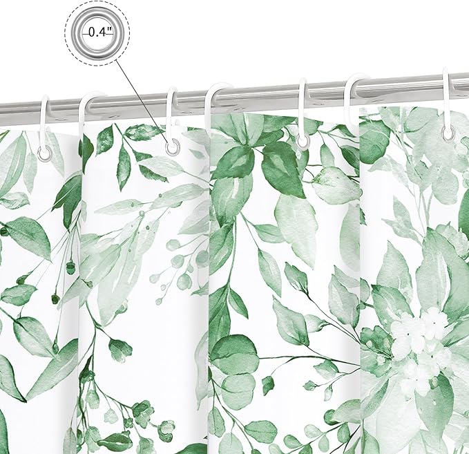 Gibelle Long Shower Curtain 72 x 78, Tall Mint Green Floral Shower Curtain for Bathroom, Watercolor Plant Eucalyptus Leaves Fabric Shower Curtain Set