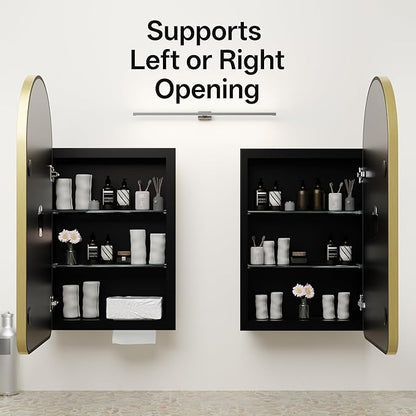 Arched Bathroom Medicine Cabinet with Mirror, No Assembly Needed, Recessed or Surface Mount Wall Storage Cabinet, Mirror Cabinet with Tissue Slot & 2X Magnifying Mirror (Gold, 29.5"L x 15.7"W)