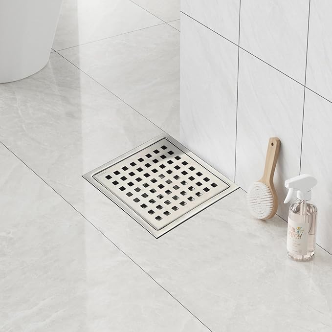 6 Inch Square Shower Floor Drain with Flange,Quadrato Pattern Grate Removable,Food-Grade SUS 304 Stainless Steel,Brushed Nickel