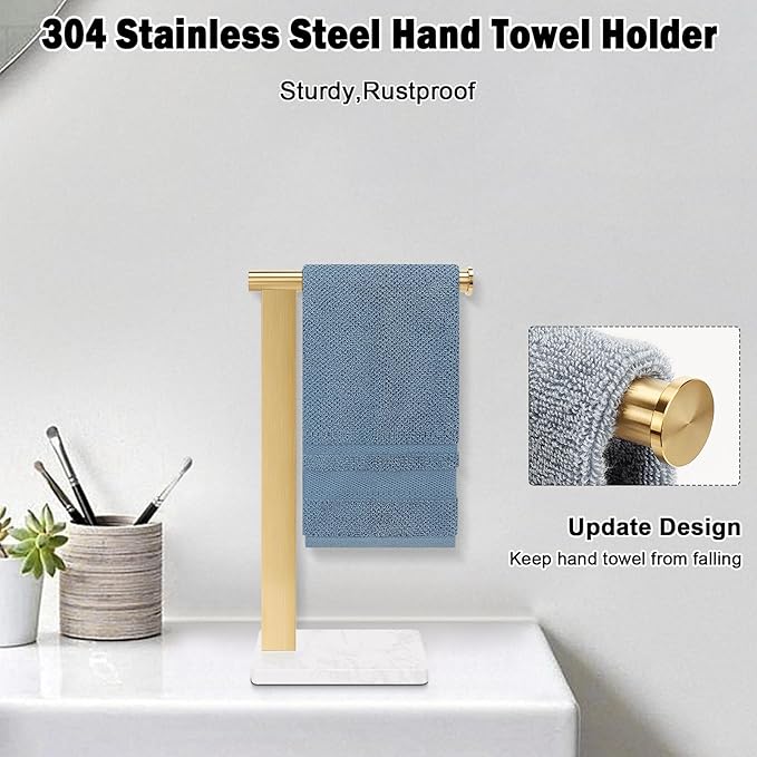 Stainless Steel L-Shaped Hand Towel Holder, SUS304 Bathroom Towel Rack with Thickened Base for Countertop Vanity (Gold, Square Base)