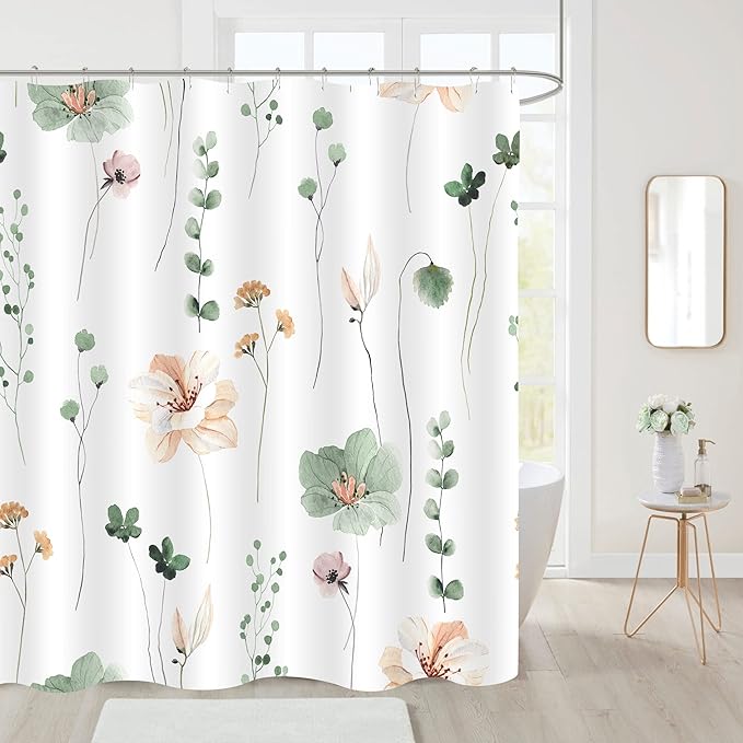 Gibelle Small Stall Shower Curtain 36 x 72, Narrow Half Watercolor Floral Fabric Shower Curtain, Sage Green Beige Flower Decorative Bathroom Shower Curtain Set