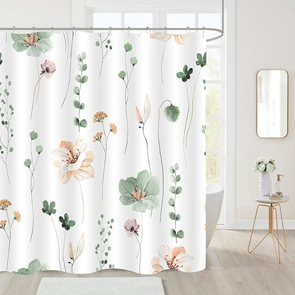 Gibelle Small Stall Shower Curtain 36 x 72, Narrow Half Watercolor Floral Fabric Shower Curtain, Sage Green Beige Flower Decorative Bathroom Shower Curtain Set