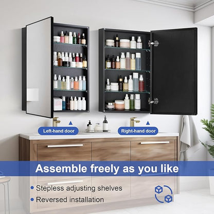 Black Bathroom Medicine Cabinet with Mirror, 17x30 Inch Rectangle Wall-Mounted Bathroom Mirror with Storage & Adjustable Tempered Glass Shelves for Bathroom Vanity, Over Sink